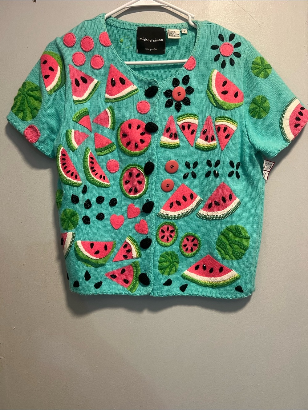 michael simon vintage women S Aqua Watermelon Embroidered Short-Sleeve Sweater